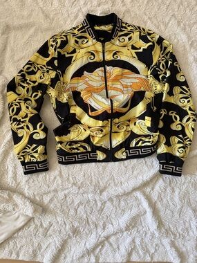 Black & Gold Baroque-Print Bomber Jacket